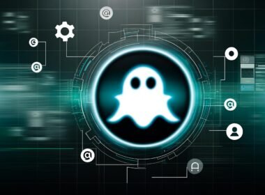 Futuristisches, schwebendes Ghost-Logo im Zentrum eines abstrakten digitalen Workflows mit Datenströmen, API-Symbolen, Zahnrädern und Dashboards, akzentuiert durch türkisfarbene Highlights.