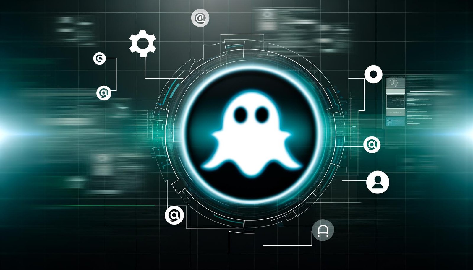 Futuristisches, schwebendes Ghost-Logo im Zentrum eines abstrakten digitalen Workflows mit Datenströmen, API-Symbolen, Zahnrädern und Dashboards, akzentuiert durch türkisfarbene Highlights.