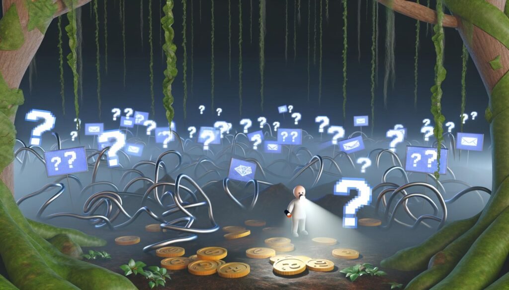 Metaphorischer digitaler Dschungel mit Datenströmen als Lianen, schwebenden Conversion-Icons, frustriertem Marketer, schmelzenden Münzen und Fragezeichen als Symbol für die Komplexität von Ad Tracking.