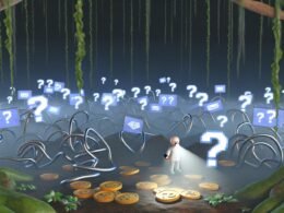 Metaphorischer digitaler Dschungel mit Datenströmen als Lianen, schwebenden Conversion-Icons, frustriertem Marketer, schmelzenden Münzen und Fragezeichen als Symbol für die Komplexität von Ad Tracking.