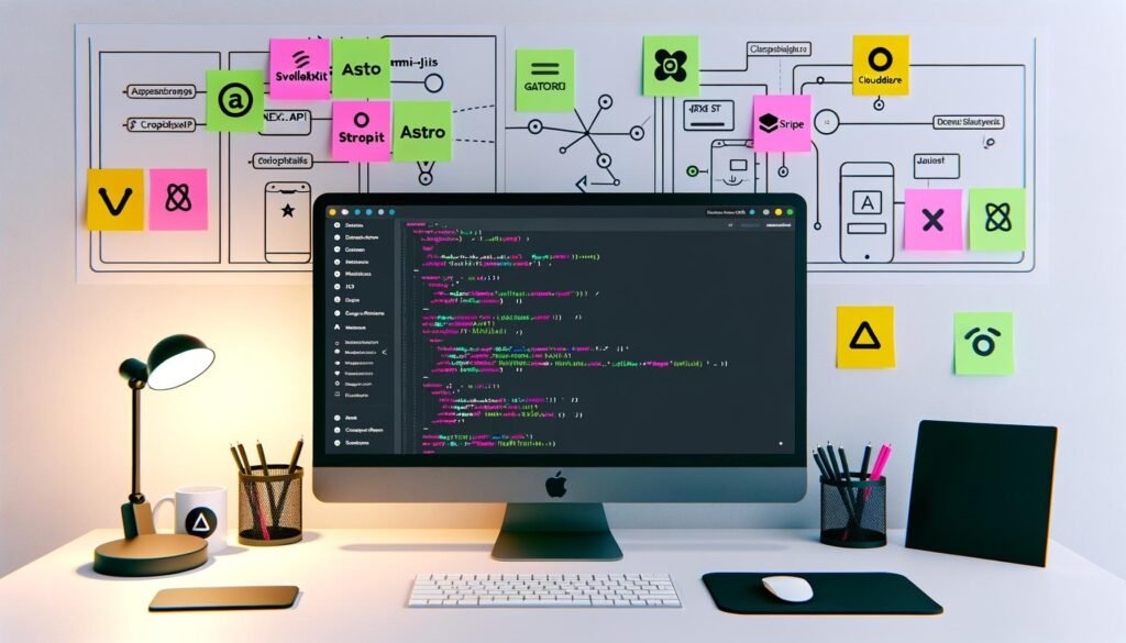 Stilvoller Entwicklerarbeitsplatz mit Ghost-Admin-Interface, Code-Editoren und Symbolen führender JAMstack-Technologien.