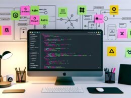 Stilvoller Entwicklerarbeitsplatz mit Ghost-Admin-Interface, Code-Editoren und Symbolen führender JAMstack-Technologien.