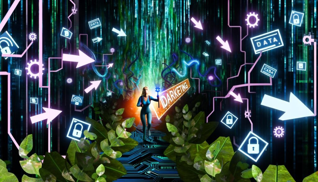 Marketer bahnt sich mit Kompass und Taschenlampe einen Weg durch einen futuristischen Daten-Dschungel aus Schaltkreisen, Kabeln und digitalen Hindernissen, während ein goldener Datenbalken im Vordergrund von Schutzsymbolen und Browser-Logos teilweise verdeckt wird.