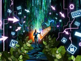 Marketer bahnt sich mit Kompass und Taschenlampe einen Weg durch einen futuristischen Daten-Dschungel aus Schaltkreisen, Kabeln und digitalen Hindernissen, während ein goldener Datenbalken im Vordergrund von Schutzsymbolen und Browser-Logos teilweise verdeckt wird.