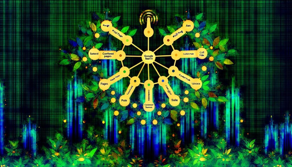 Futuristische Illustration eines digitalen Dschungels mit Content-Säulen, Hubs und Satelliten, verbunden durch ein goldenes Spinnennetz mit Google-Suchsymbol im Zentrum.