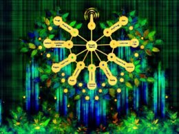 Futuristische Illustration eines digitalen Dschungels mit Content-Säulen, Hubs und Satelliten, verbunden durch ein goldenes Spinnennetz mit Google-Suchsymbol im Zentrum.