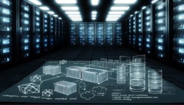 Futuristischer, lichtarmer Serverraum mit mehreren Servern, Containersymbolen, Ghost-Logos, Netzwerkverbindungen und Architekturzeichnungen im High-Tech-Stil.