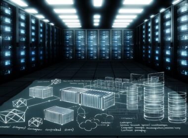 Futuristischer, lichtarmer Serverraum mit mehreren Servern, Containersymbolen, Ghost-Logos, Netzwerkverbindungen und Architekturzeichnungen im High-Tech-Stil.