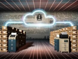 Großraumbüro einer deutschen Behörde mit Aktenstapeln, Papierformularen, Faxgeräten und digitalen Bildschirmen, verbunden durch eine schimmernde Identifikationsnummer.