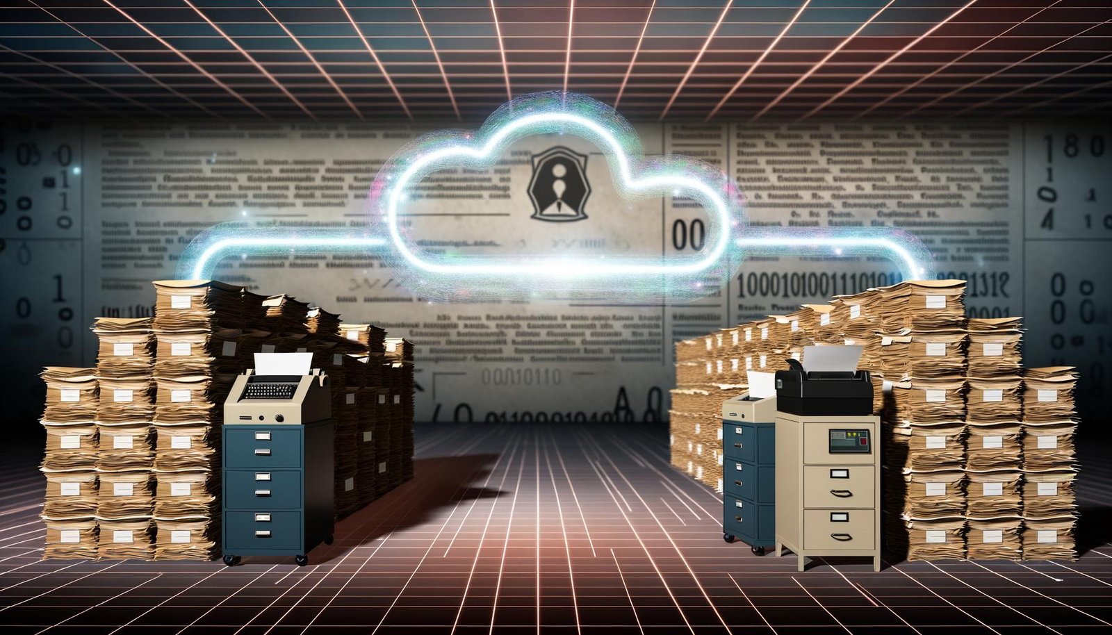 Großraumbüro einer deutschen Behörde mit Aktenstapeln, Papierformularen, Faxgeräten und digitalen Bildschirmen, verbunden durch eine schimmernde Identifikationsnummer.