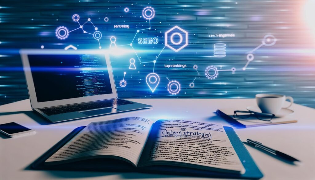 Modernes Titelbild für einen SEO-Content-Guide: Notizbuch mit Keyword-Skizzen, Laptop mit SEO-Tools sowie holografische digitale Diagramme und das Google-Logo im Hintergrund.