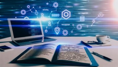 Modernes Titelbild für einen SEO-Content-Guide: Notizbuch mit Keyword-Skizzen, Laptop mit SEO-Tools sowie holografische digitale Diagramme und das Google-Logo im Hintergrund.