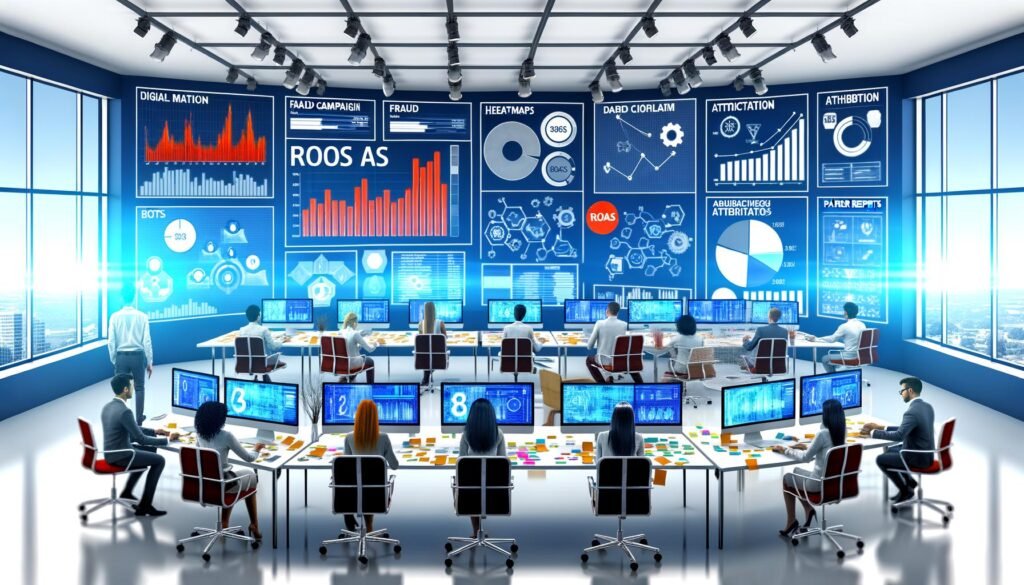 Digital-Marketing-Team im modernen Büro mit Echtzeit-Dashboard, ROAS-Anzeige und Infografiken zu Budget & Betrugsprävention, umgeben von ausrangierten Papierberichten.