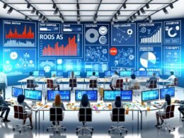 Digital-Marketing-Team im modernen Büro mit Echtzeit-Dashboard, ROAS-Anzeige und Infografiken zu Budget & Betrugsprävention, umgeben von ausrangierten Papierberichten.