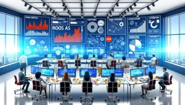 Digital-Marketing-Team im modernen Büro mit Echtzeit-Dashboard, ROAS-Anzeige und Infografiken zu Budget & Betrugsprävention, umgeben von ausrangierten Papierberichten.