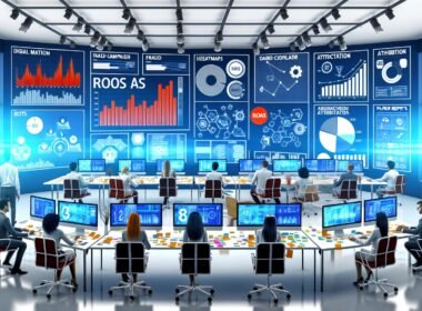 Digital-Marketing-Team im modernen Büro mit Echtzeit-Dashboard, ROAS-Anzeige und Infografiken zu Budget & Betrugsprävention, umgeben von ausrangierten Papierberichten.