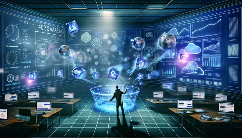 Futuristisches Labor mit holografischen Datenprojektionen, Marketing-Experte analysiert digitale Medien und Statistiken vor Netzwerktechnologie und Servern.