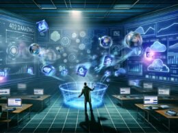 Futuristisches Labor mit holografischen Datenprojektionen, Marketing-Experte analysiert digitale Medien und Statistiken vor Netzwerktechnologie und Servern.