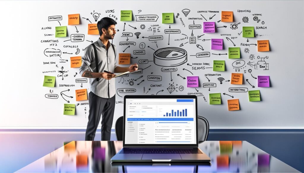 Digitaler Marketer arbeitet an einer innovativen SEO-Strategie, umgeben von Analytics Dashboard, Sticky Notes, Mindmap und Icons führender SEO-Tools.