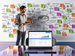 Digitaler Marketer arbeitet an einer innovativen SEO-Strategie, umgeben von Analytics Dashboard, Sticky Notes, Mindmap und Icons führender SEO-Tools.