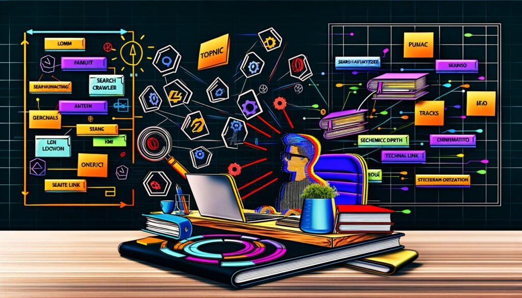 Dynamische Illustration eines Schreibtischs mit Laptop und SEO-Tools-Symbolen auf dem Bildschirm, umgeben von Diagrammen, Themen-Clustern und einem strategischen Content-Plan, analysiert von einer Person.
