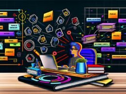 Dynamische Illustration eines Schreibtischs mit Laptop und SEO-Tools-Symbolen auf dem Bildschirm, umgeben von Diagrammen, Themen-Clustern und einem strategischen Content-Plan, analysiert von einer Person.