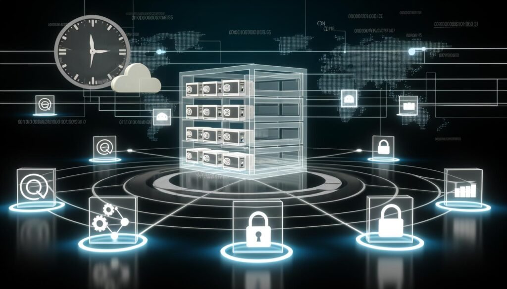 Digitale Workflow-Illustration: Abstrahierter Serverraum mit schwebenden, durch Metadaten gekennzeichneten Dateien, verbunden mit Icons wie Headless CMS, API und Monitoring-Tools vor Hightech-Hintergrund ohne Menschen.