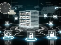 Digitale Workflow-Illustration: Abstrahierter Serverraum mit schwebenden, durch Metadaten gekennzeichneten Dateien, verbunden mit Icons wie Headless CMS, API und Monitoring-Tools vor Hightech-Hintergrund ohne Menschen.