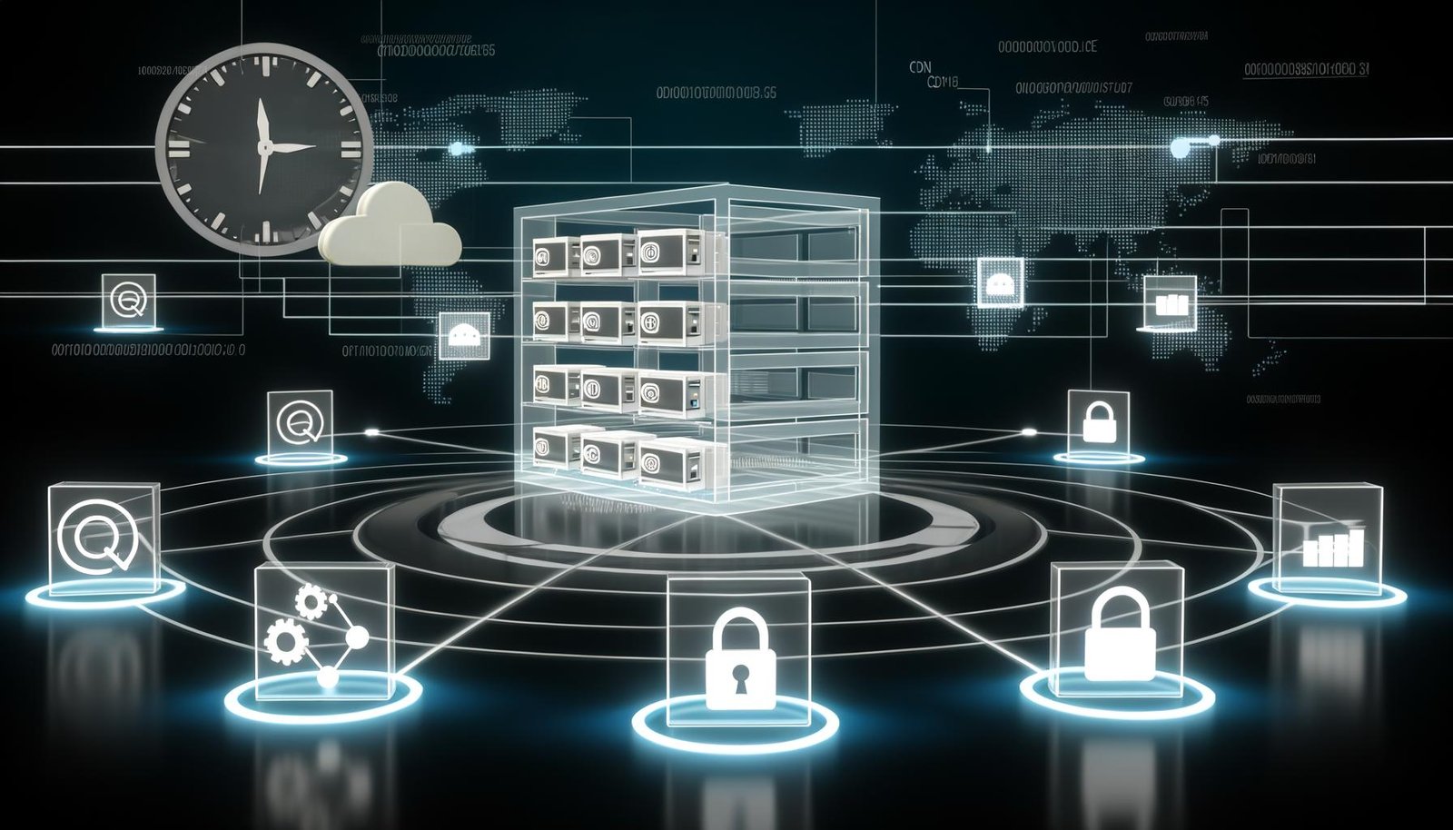 Digitale Workflow-Illustration: Abstrahierter Serverraum mit schwebenden, durch Metadaten gekennzeichneten Dateien, verbunden mit Icons wie Headless CMS, API und Monitoring-Tools vor Hightech-Hintergrund ohne Menschen.