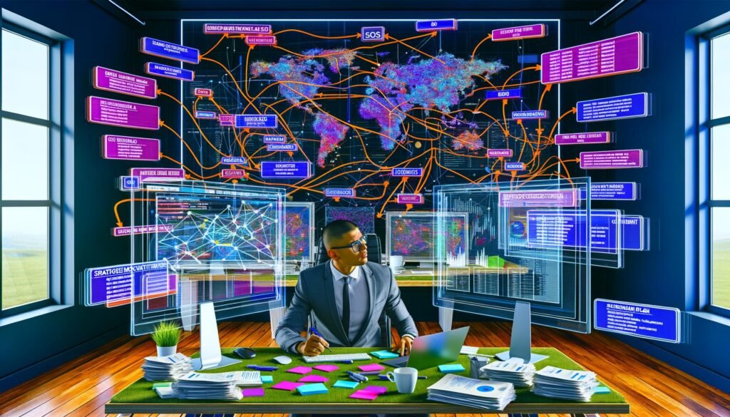 Digitalworkspace mit Monitoren, SEO-Keyword-Tools, Mindmaps und Marketer beim Content-Strategie-Planen mit Post-its und Berichten.