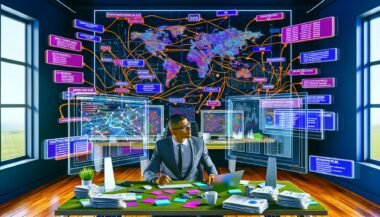 Digitalworkspace mit Monitoren, SEO-Keyword-Tools, Mindmaps und Marketer beim Content-Strategie-Planen mit Post-its und Berichten.