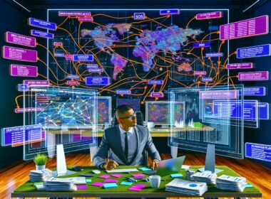 Digitalworkspace mit Monitoren, SEO-Keyword-Tools, Mindmaps und Marketer beim Content-Strategie-Planen mit Post-its und Berichten.