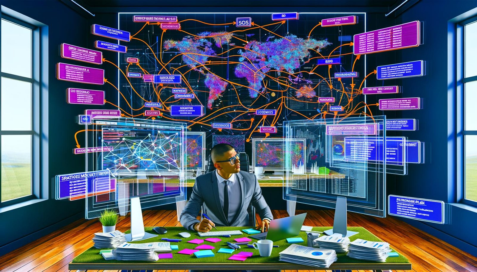 Digitalworkspace mit Monitoren, SEO-Keyword-Tools, Mindmaps und Marketer beim Content-Strategie-Planen mit Post-its und Berichten.