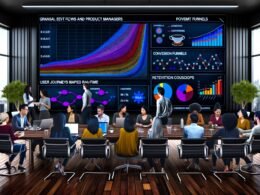 Gruppe von Marketers und Produktmanagern arbeitet an einem digitalen Dashboard mit Echtzeit-Analysen und Konversions-Funnels in einem modernen Büro.