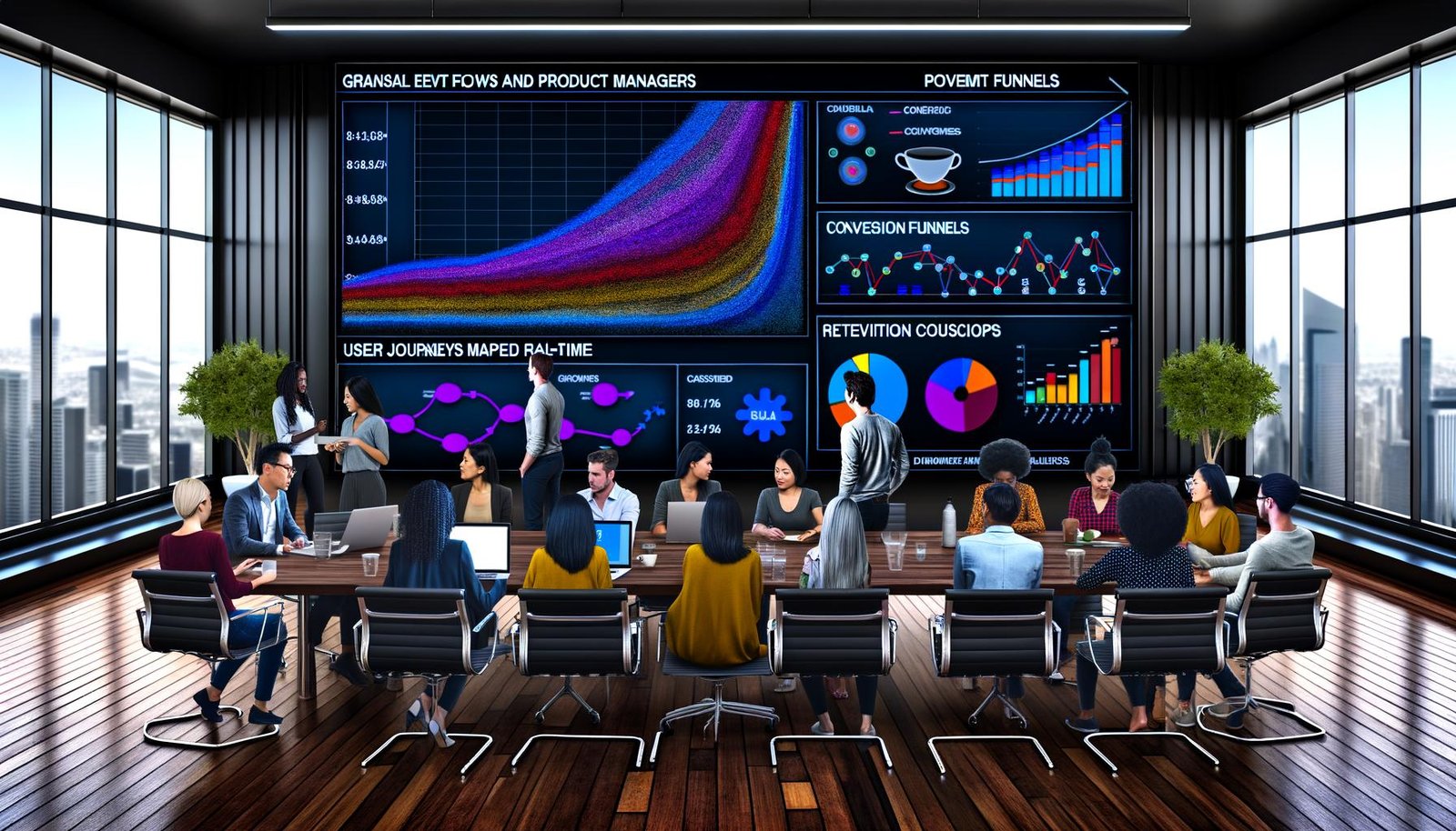 Gruppe von Marketers und Produktmanagern arbeitet an einem digitalen Dashboard mit Echtzeit-Analysen und Konversions-Funnels in einem modernen Büro.