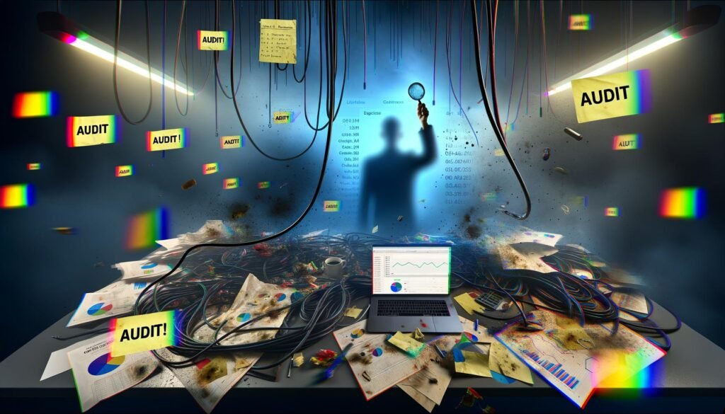Neonbeleuchtetes Close-up eines unordentlichen Schreibtischs mit Datenkabeln, zerknüllten Dashboards, 'Audit!'-Sticky Notes, Kaffeeflecken und Analytics-Grafiken, sowie einer prüfenden Figur mit Lupe im Hintergrund.