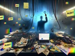Neonbeleuchtetes Close-up eines unordentlichen Schreibtischs mit Datenkabeln, zerknüllten Dashboards, 'Audit!'-Sticky Notes, Kaffeeflecken und Analytics-Grafiken, sowie einer prüfenden Figur mit Lupe im Hintergrund.