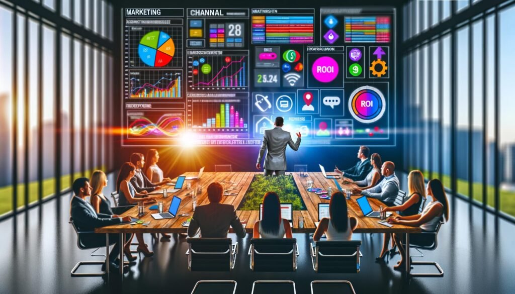 Marketing-Team bei einer lebhaften Besprechung im modernen Büro mit digitalen Geräten, ROI-Diagrammen, Marketing-Logos und Dashboard zur Customer Journey auf großem Screen.