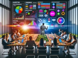 Marketing-Team bei einer lebhaften Besprechung im modernen Büro mit digitalen Geräten, ROI-Diagrammen, Marketing-Logos und Dashboard zur Customer Journey auf großem Screen.