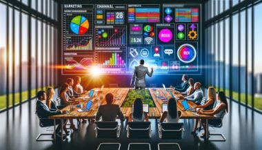 Marketing-Team bei einer lebhaften Besprechung im modernen Büro mit digitalen Geräten, ROI-Diagrammen, Marketing-Logos und Dashboard zur Customer Journey auf großem Screen.