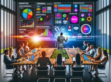 Marketing-Team bei einer lebhaften Besprechung im modernen Büro mit digitalen Geräten, ROI-Diagrammen, Marketing-Logos und Dashboard zur Customer Journey auf großem Screen.