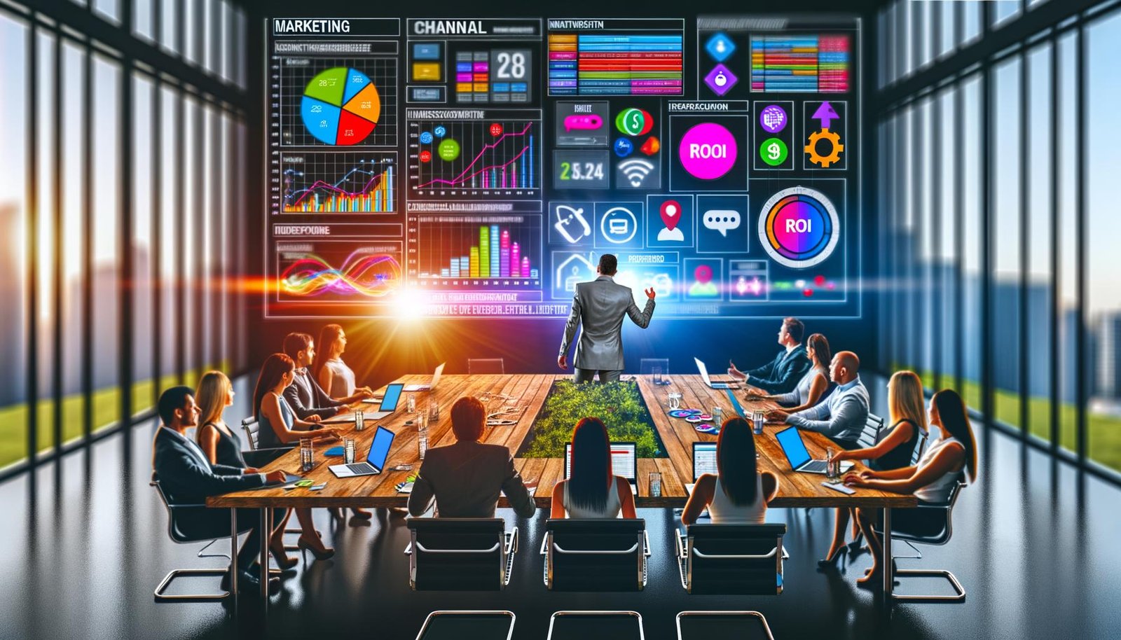 Marketing-Team bei einer lebhaften Besprechung im modernen Büro mit digitalen Geräten, ROI-Diagrammen, Marketing-Logos und Dashboard zur Customer Journey auf großem Screen.