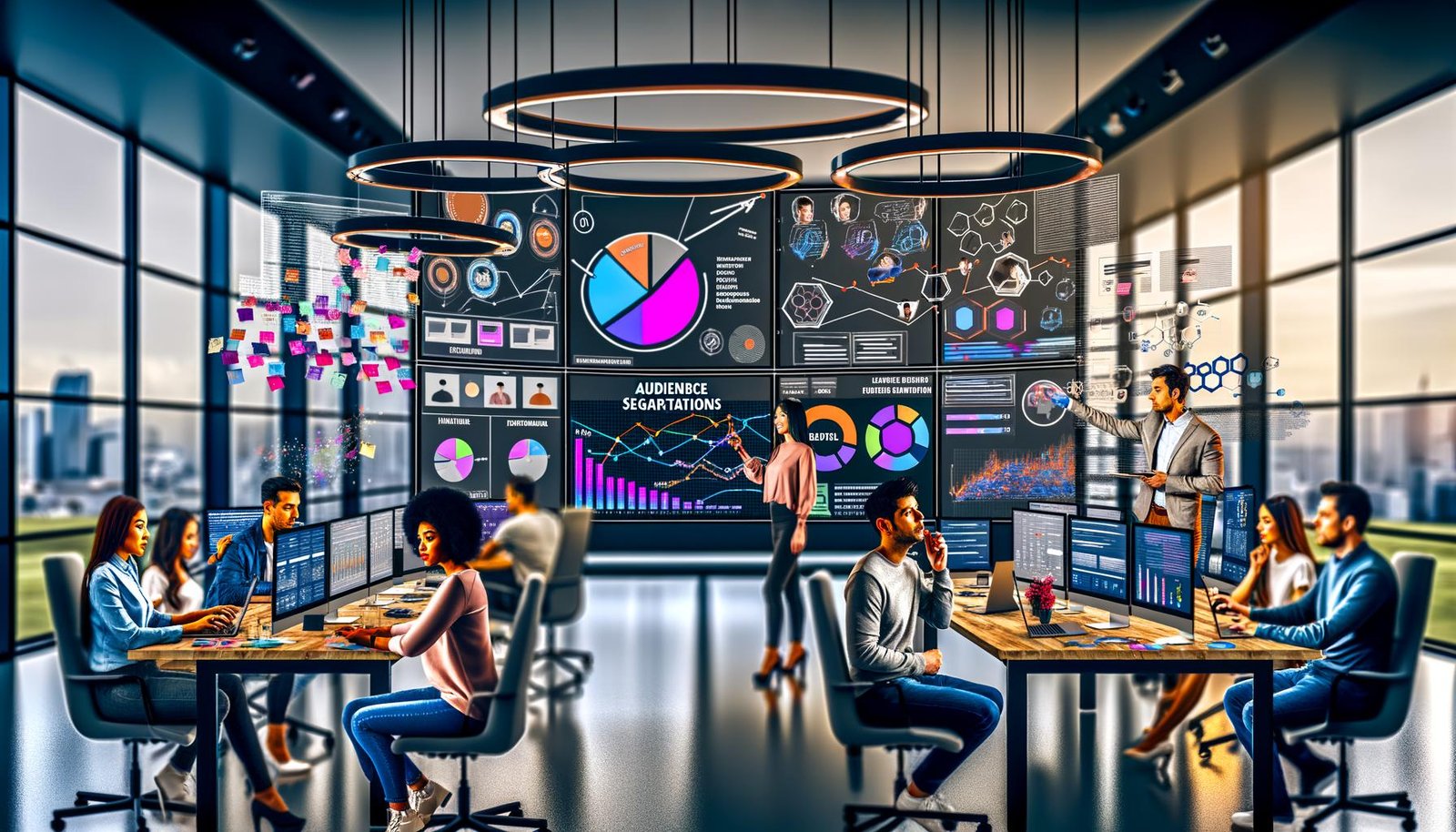 Fokussiertes Marketing- und Analyse-Team bespricht komplexe Dashboards, Verhaltenssegmentierungen und Nutzerreisen an digitalen Bildschirmen in einem modernen Workspace 2025