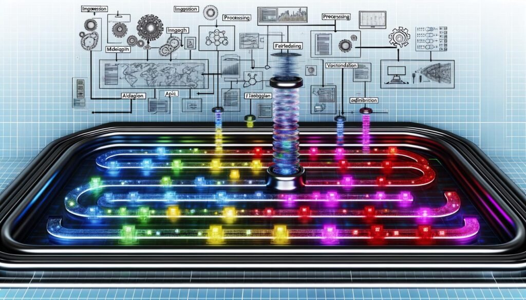 Futuristisch gestalteter digitaler Arbeitsbereich mit leuchtenden Medien-Assets, die durch automatisierte, transparente Pipeline-Stationen für Ingestion, Verarbeitung, Metadaten, Freigabe, Versionierung und Distribution fließen. Über dem Prozess schweben Symbole für API, Cloud-Integration und Automatisierung, begleitet von KI-gesteuerten Zahnrädern und Metadaten-Tags.