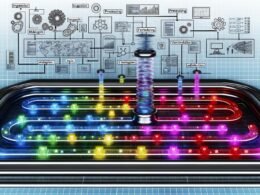Futuristisch gestalteter digitaler Arbeitsbereich mit leuchtenden Medien-Assets, die durch automatisierte, transparente Pipeline-Stationen für Ingestion, Verarbeitung, Metadaten, Freigabe, Versionierung und Distribution fließen. Über dem Prozess schweben Symbole für API, Cloud-Integration und Automatisierung, begleitet von KI-gesteuerten Zahnrädern und Metadaten-Tags.