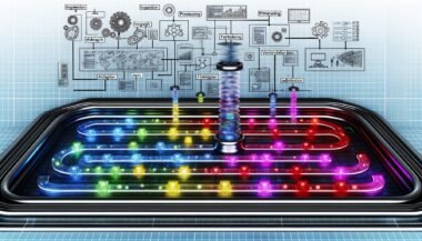 Futuristisch gestalteter digitaler Arbeitsbereich mit leuchtenden Medien-Assets, die durch automatisierte, transparente Pipeline-Stationen für Ingestion, Verarbeitung, Metadaten, Freigabe, Versionierung und Distribution fließen. Über dem Prozess schweben Symbole für API, Cloud-Integration und Automatisierung, begleitet von KI-gesteuerten Zahnrädern und Metadaten-Tags.