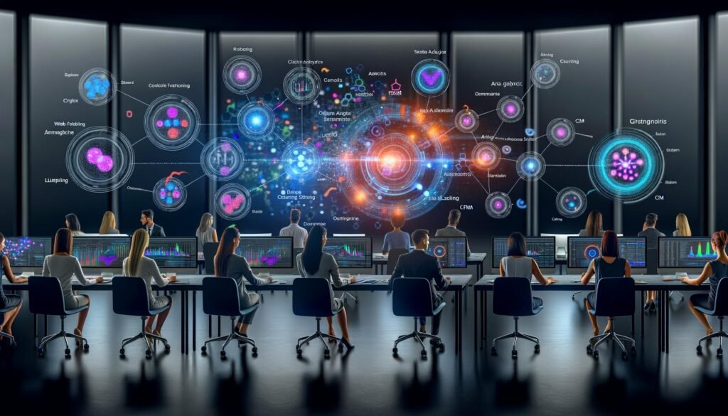 Futuristisches Marketing-Büro mit digitalen Datenströmen, Cluster-Visualisierungen und Machine-Learning-Tools, an denen fokussierte Profis an modernen Schreibtischen arbeiten.