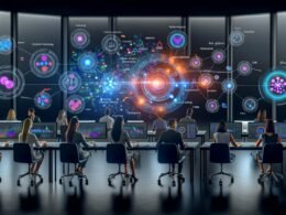 Futuristisches Marketing-Büro mit digitalen Datenströmen, Cluster-Visualisierungen und Machine-Learning-Tools, an denen fokussierte Profis an modernen Schreibtischen arbeiten.