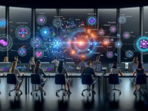 Futuristisches Marketing-Büro mit digitalen Datenströmen, Cluster-Visualisierungen und Machine-Learning-Tools, an denen fokussierte Profis an modernen Schreibtischen arbeiten.