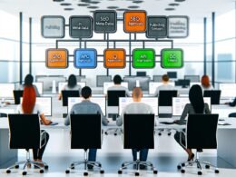 Team in moderner Redaktion arbeitet effizient an Laptops und Monitoren mit sichtbarer Workflow-Checkliste, Ghost CMS-Logos und Headless CMS-Symbolen.